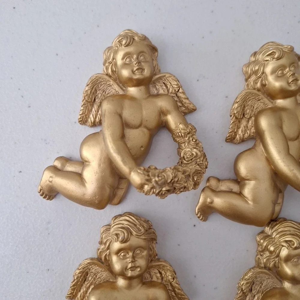 8 Ornate Resin Cherub Angel Napkin Ring Holders Gold Tone Painted Vintage HEAVY